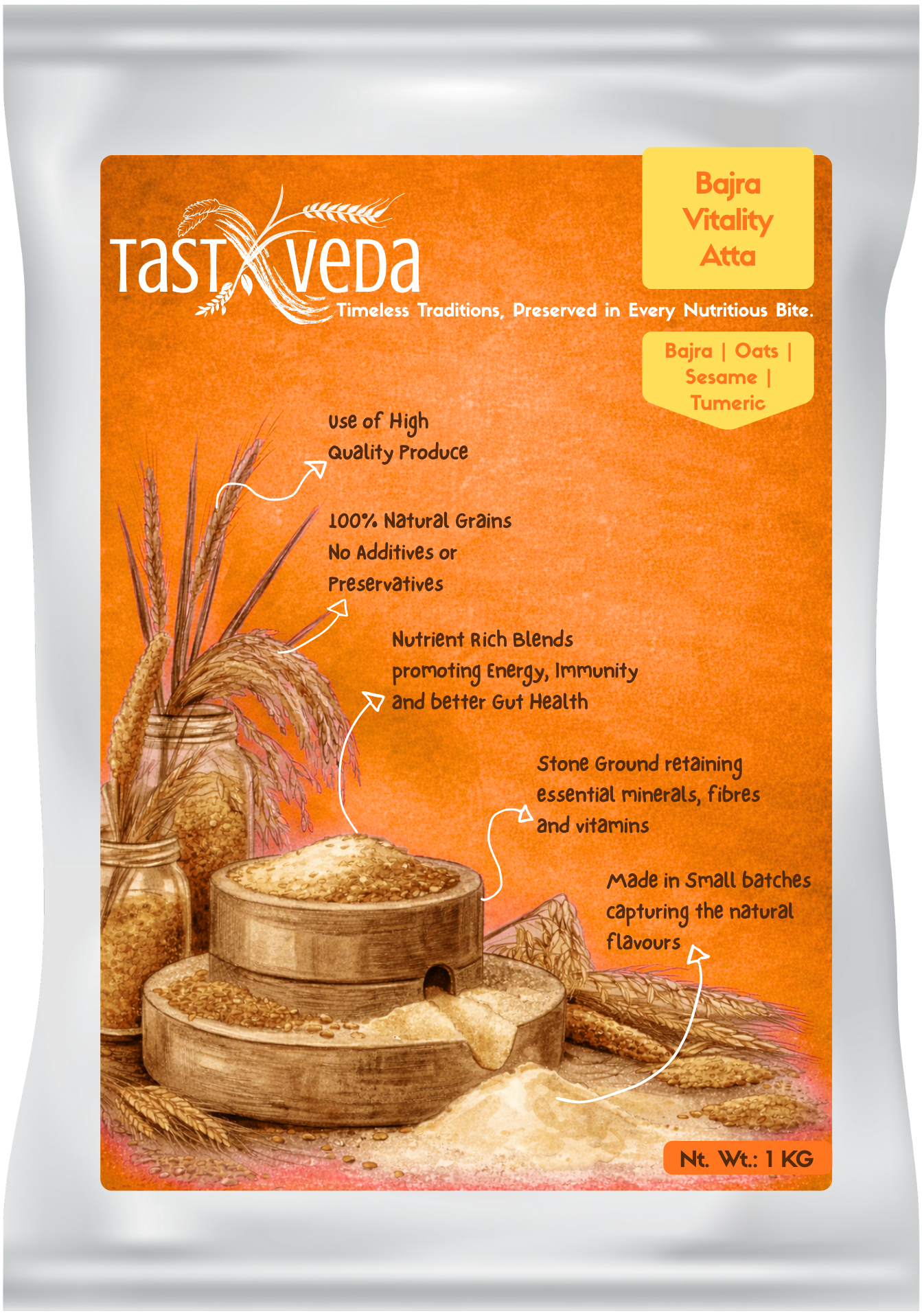 Package of Tast veda Bajra Vitality Atta with an orange label on a white background