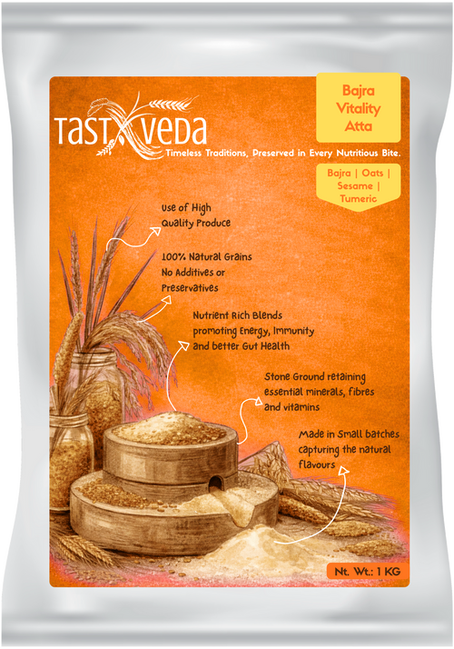 Package of Tast veda Bajra Vitality Atta with an orange label on a white background