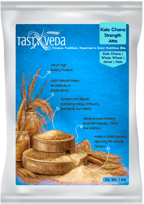 Tastaveda Kala Chana Strength Atta packaging with blue and white design
